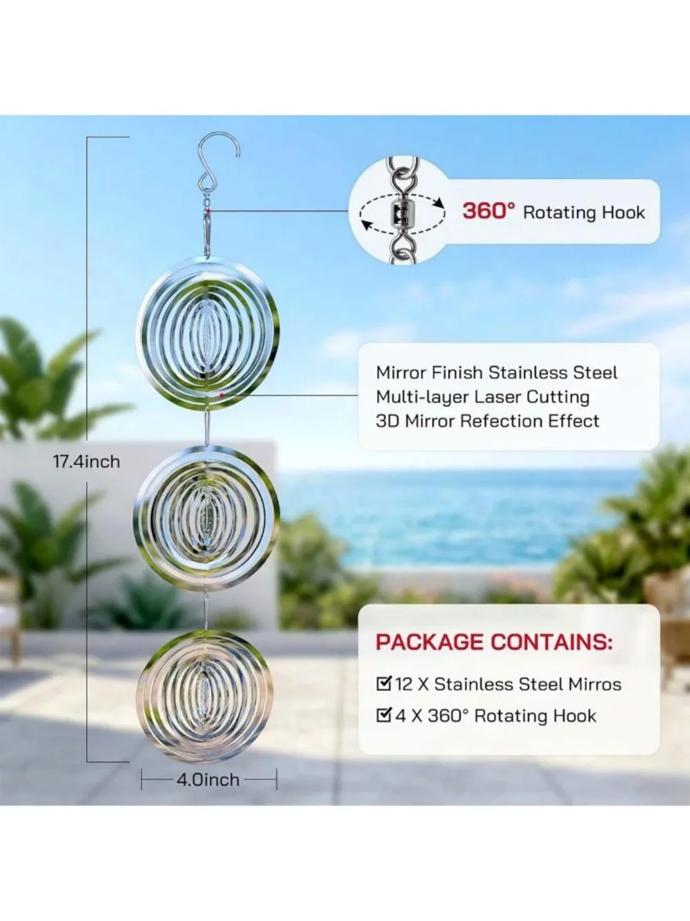 12 Pack 3D Stainless Steel Wind Spinners - Outdoor Bird Deterrents & Garden